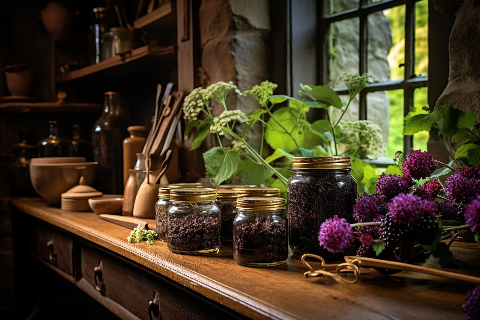Herbs and preserved jars on shelf
